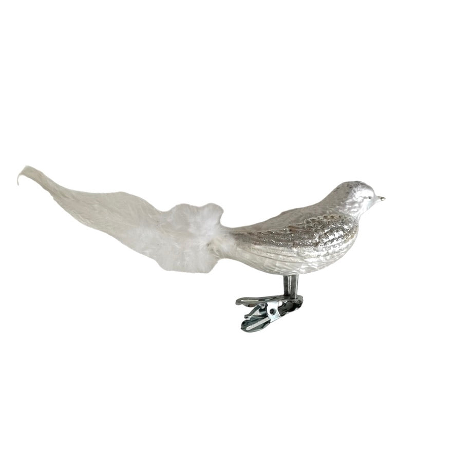 European White and Champagne Glass Feather Bird | Putti Christmas Decorations 