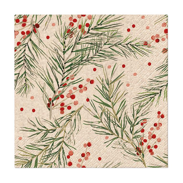 Pine Needle and Berry Cocktail Napkin | Putti Christmas Entertaining 