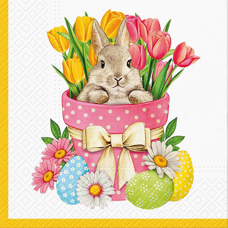 Bunny in Pot with Tulips and Eggs Paper Napkins - Lunch