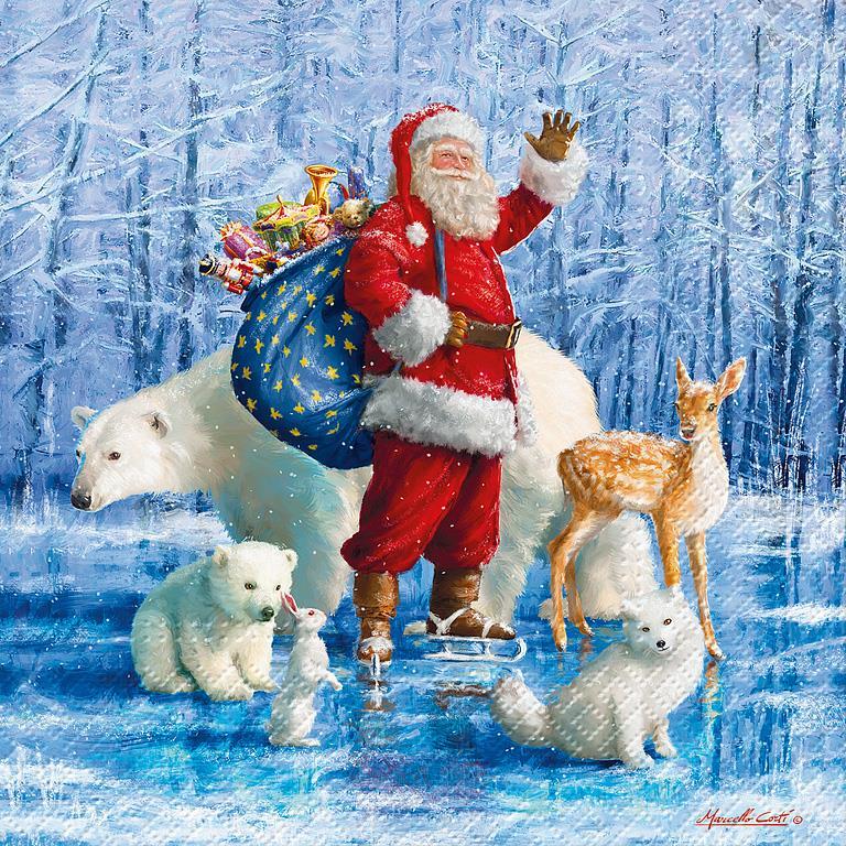 Santa Skating with Animals Lunch Napkin  | Putti Christmas Entertaining 
