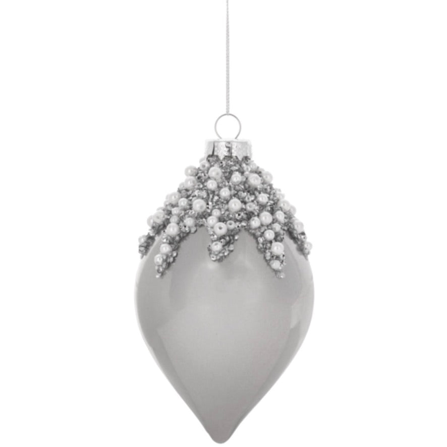 Glossy Grey Grey with Pearls Glass Double Point Ornament | Putti Christmas