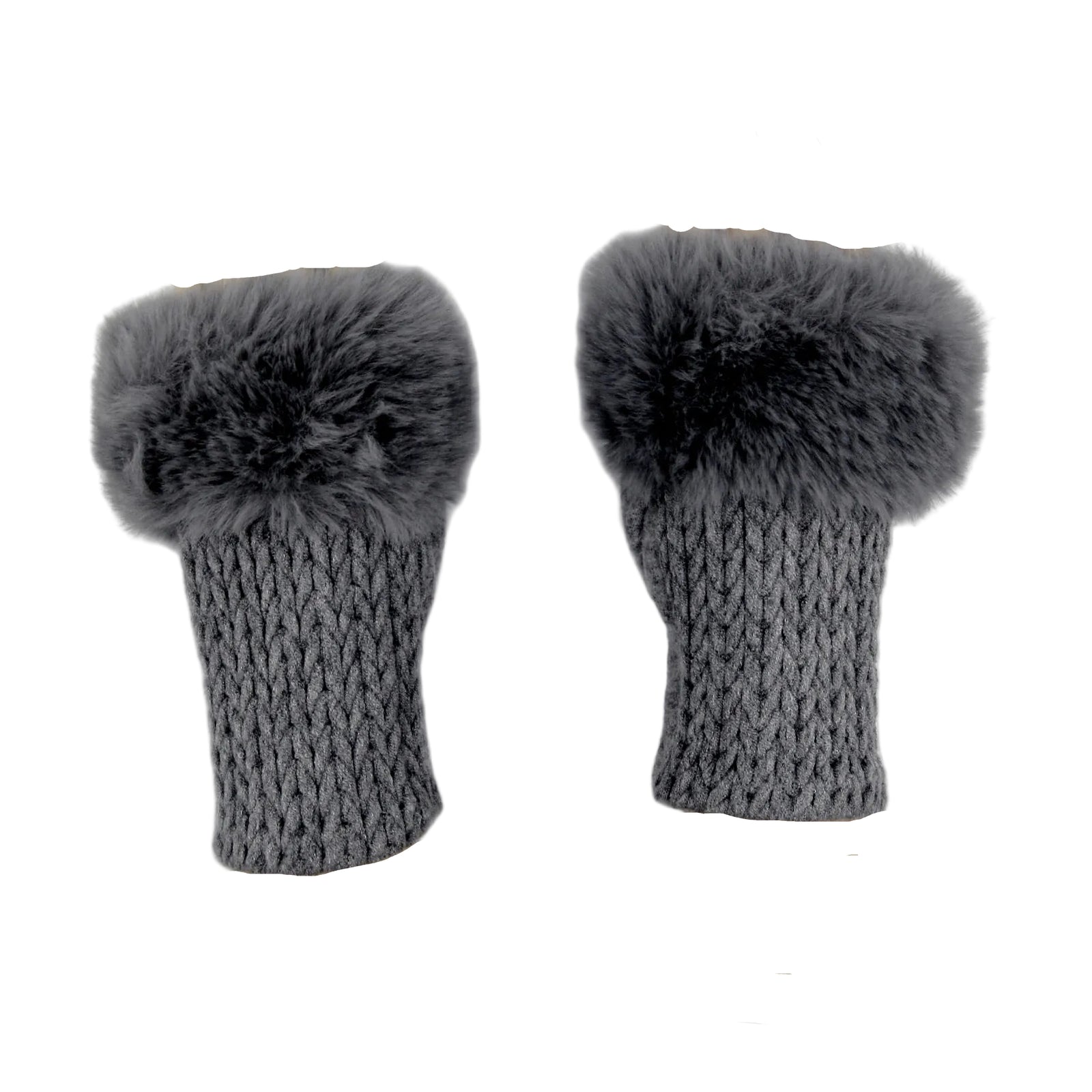 Cashmere Blend Fur Trimmed Fingerless Gloves - Charcoal