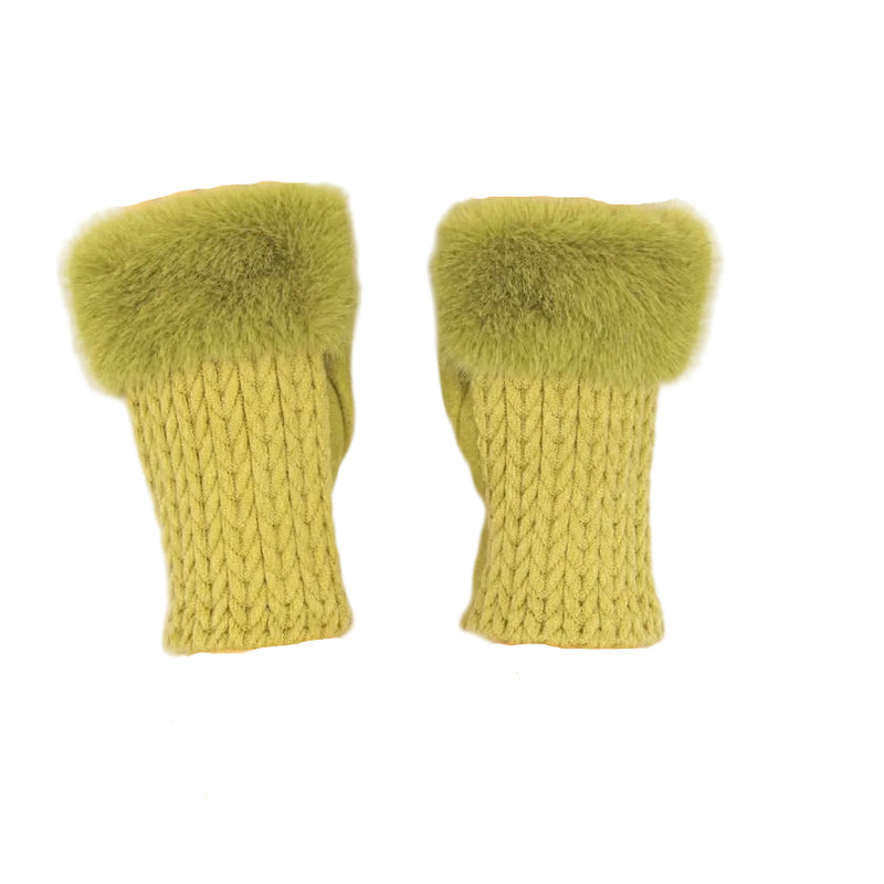 Cashmere Blend Fur Trimmed Fingerless Gloves - Olive