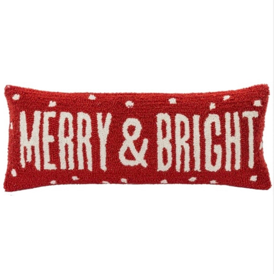 Red Hooked Merry & Bright Lumbar Pillow | Putti Christmas Decorations 