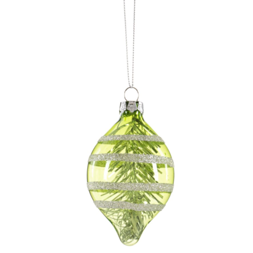 Colorful Glass Drop with Tinsel Ornament - Green | Putti Christmas Decorations 