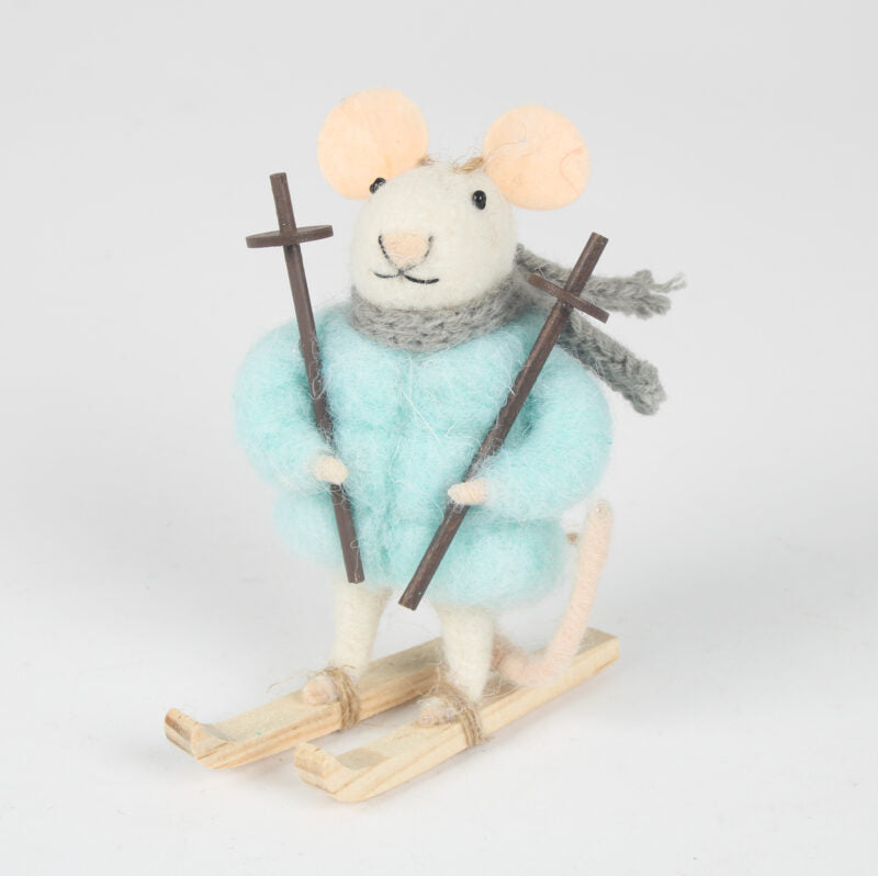 Blue Puffa Coat Skiing Felted Mouse Ornament