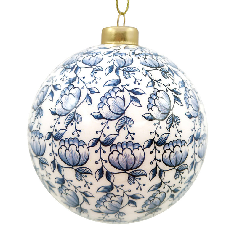 Blue and White Floral Glass Ball Ornament | Putti Christmas Decorations 