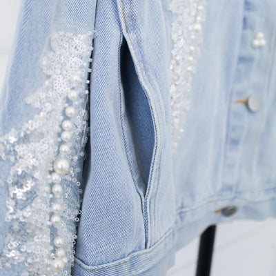 Romantic Floral & Pearl Light Blue Denim Jacket