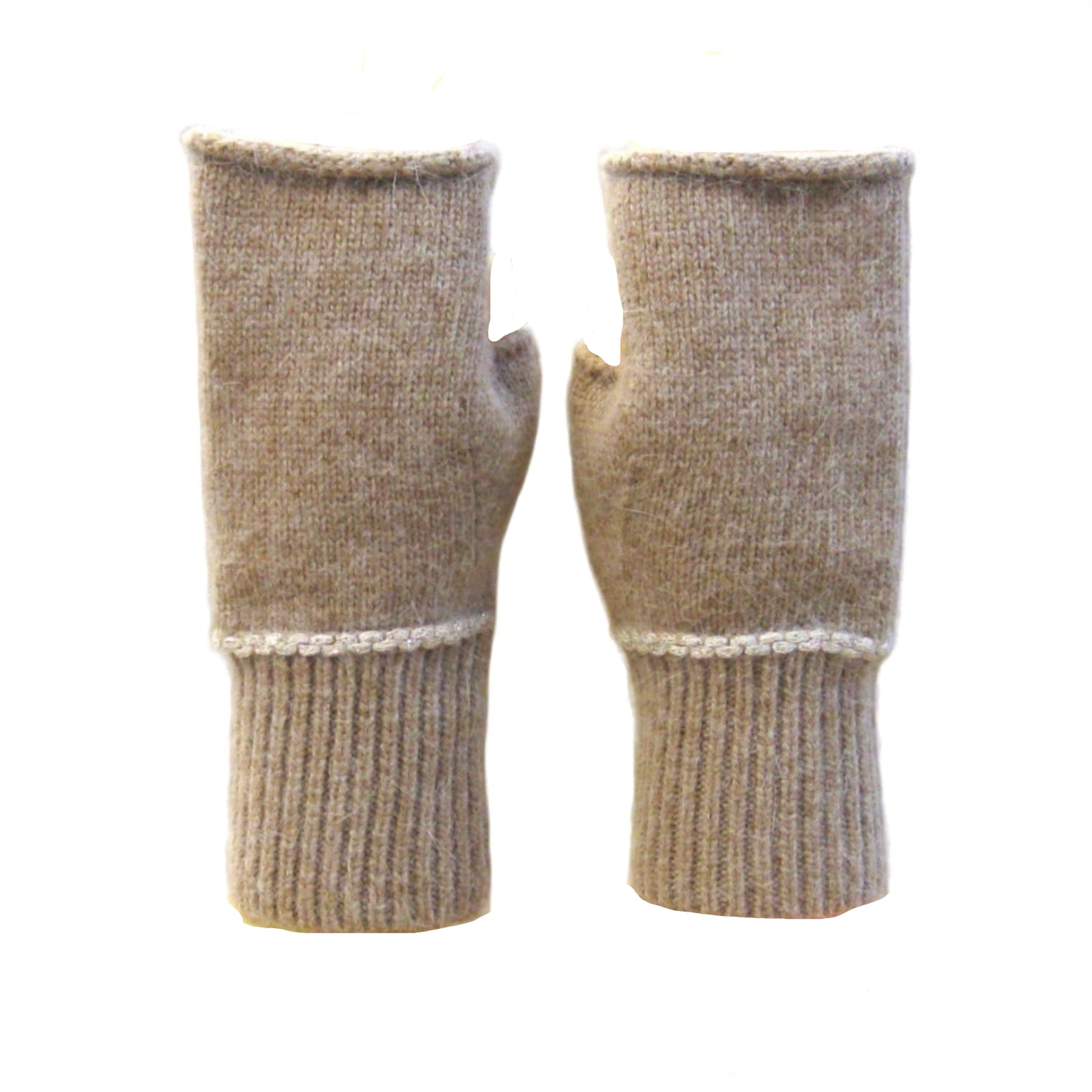 Cashmere Blend Plain Knitted Fingerless Gloves - Camel