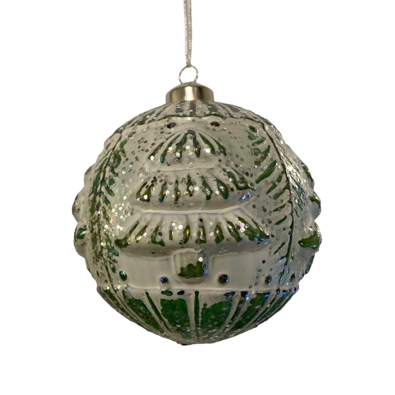 Embossed Green with White Wash Glass Ball Ornament