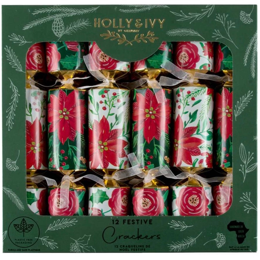 Holly & Ivy Traditional Poinsettia Christmas Crackers | Putti Christmas Celebrations 