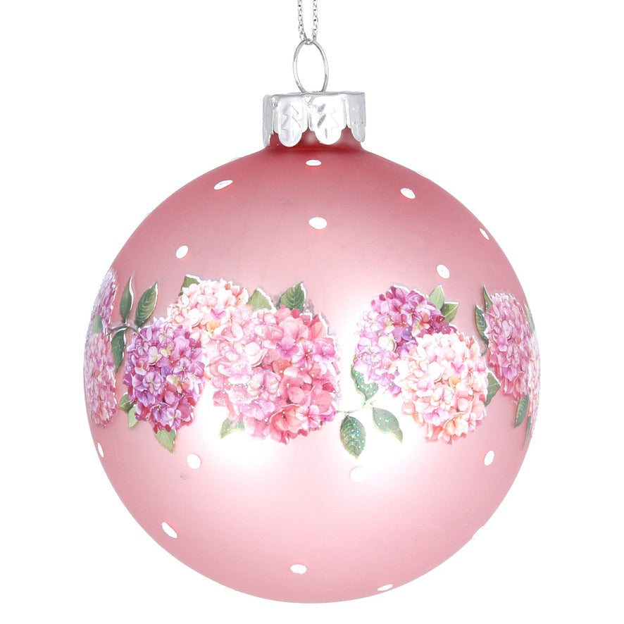 Pink with Hydrangeas Band Glass Ball Ornament