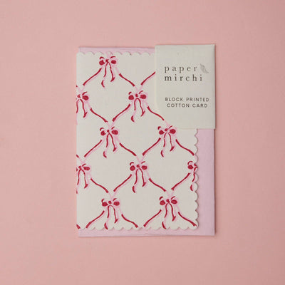 Hand Block Printed Greeting Card - Bows Pink Sorbet