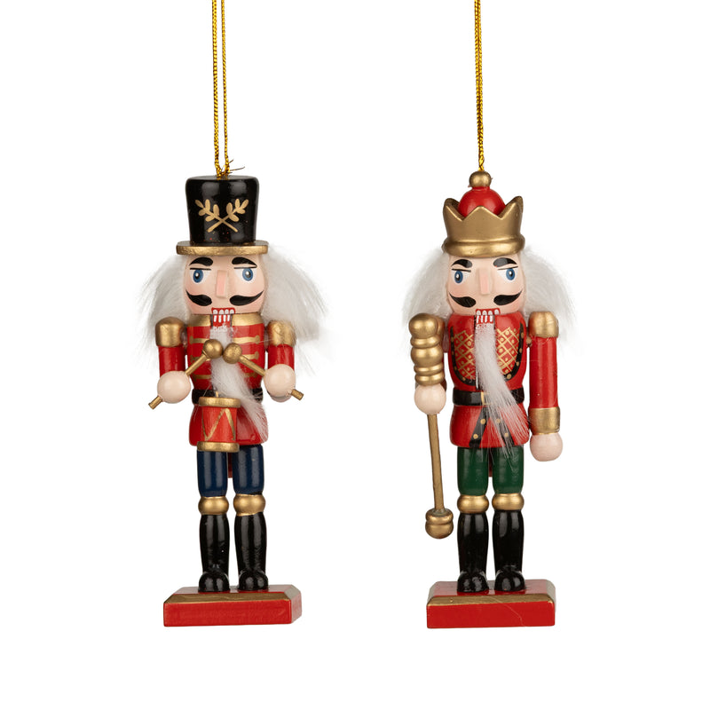 Wood Nutcracker Ornament in Red Uniforms with Gold Accents