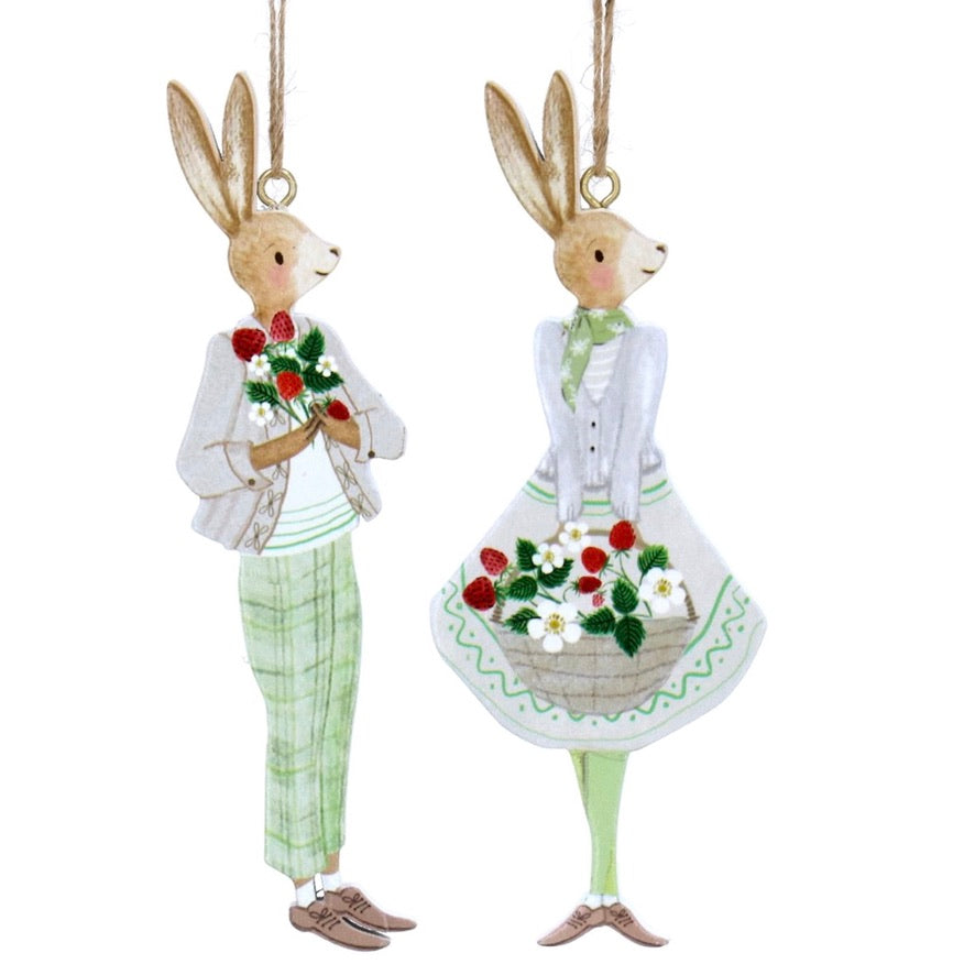Strawberries Boy & Girl Dressed Bunny Ornament Set | Putti Fine Furnishings 