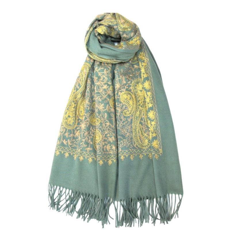 Cashmere Gold Embroidery Paisley Pattern Scarf - Duck Egg Blue