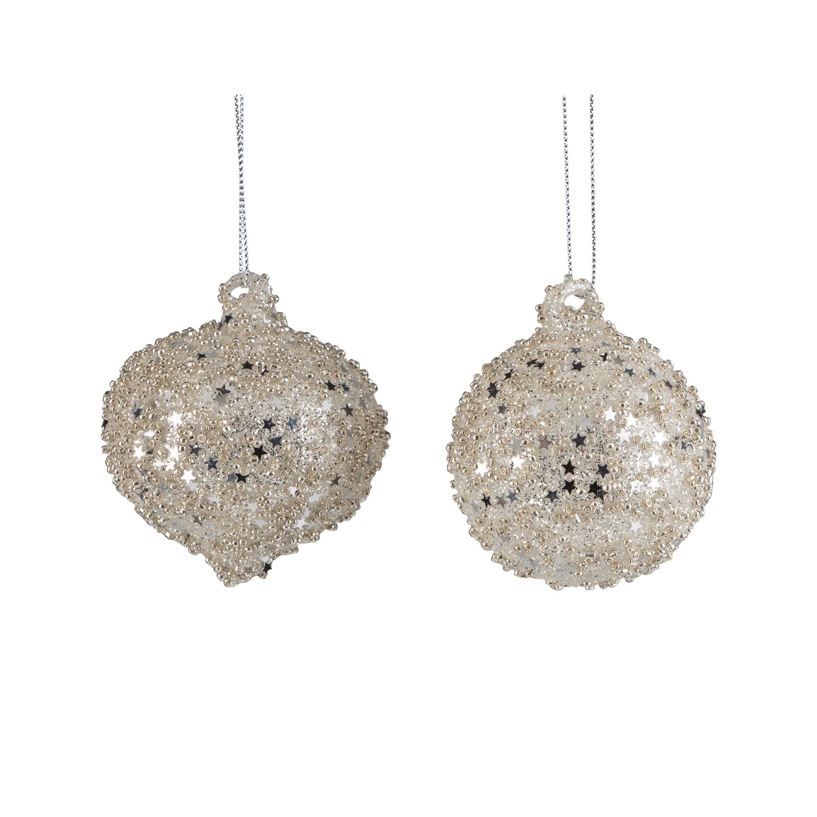 2 Assorted Glass Ball and Kismet Ornaments, Chunky Silver Bead and Glitter Finish