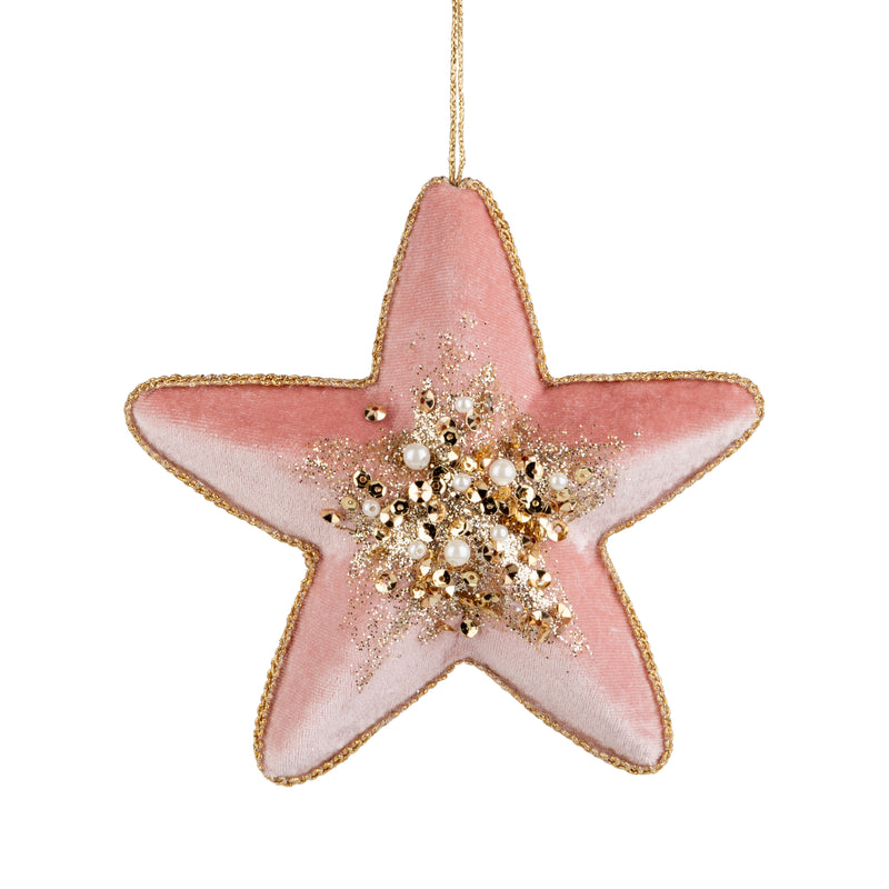 Pale Pink Velvet Star Ornament with Gold Beaded Center Accents