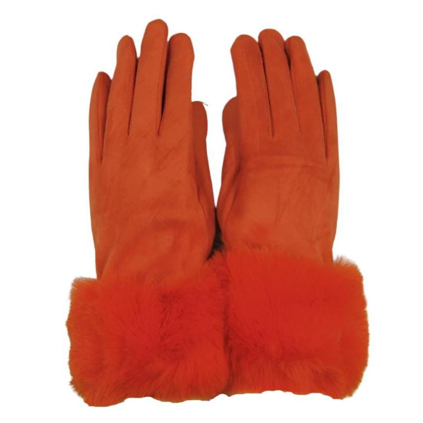 Fur Trimmed Ultra Suede Gloves - Orange