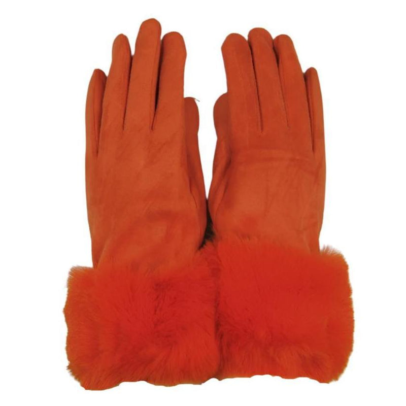 Fur Trimmed Ultra Suede Gloves - Orange