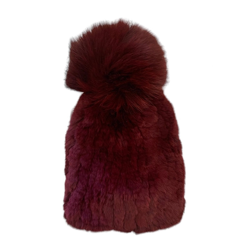 Knit Fur Hat with Pom Pom - Burgundy