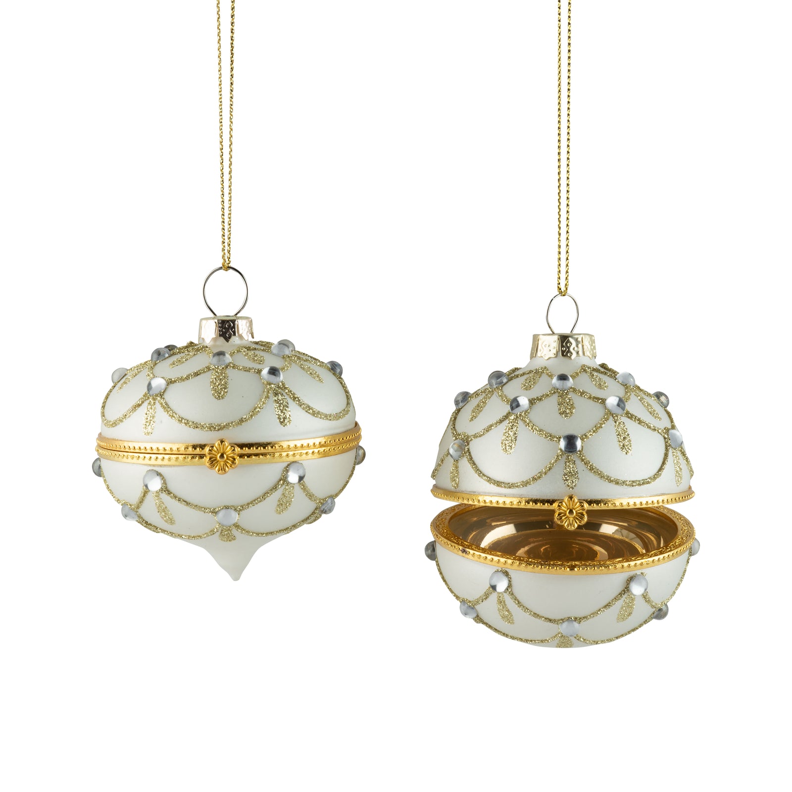 Matte White and Pale Gold Glitter Glass Hinged Keepsake Ornament