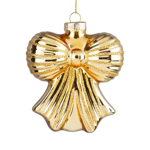 Shiny Gold with Gold Glitter Trim Glass Christmas Bow Ornament | Putti Christmas 