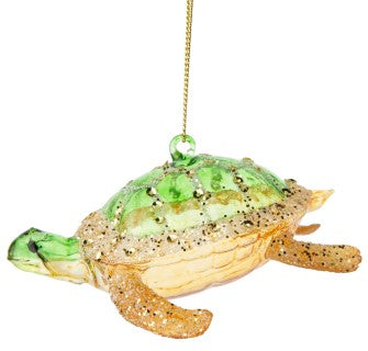 Translucent Green and Gold Blown Glass Sea Turtle Ornament