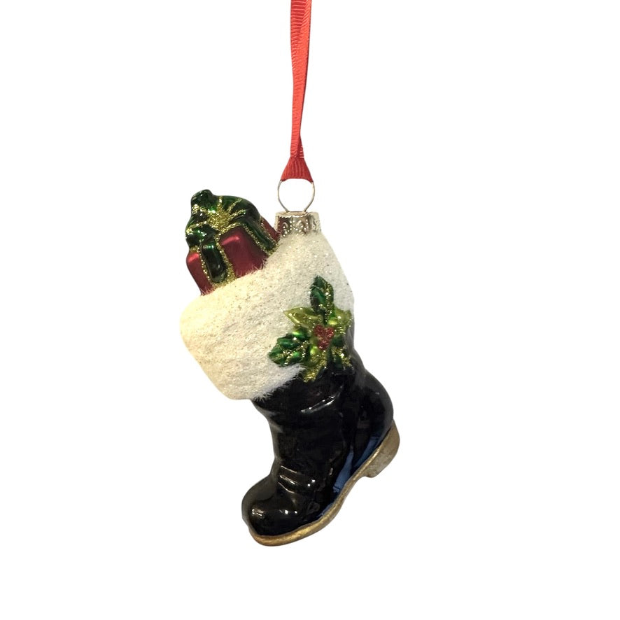Santa Boot with Holly Glass Christmas Ornament
