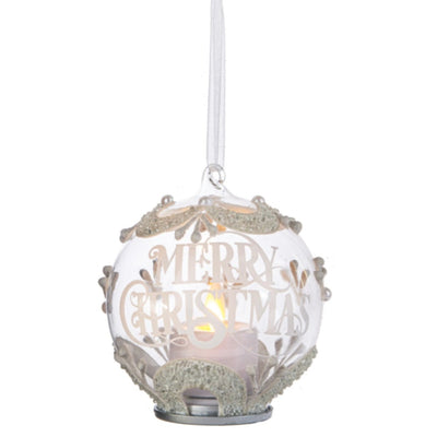 Silver "Merry Christmas" Glass Ball Ornament with LED Candle