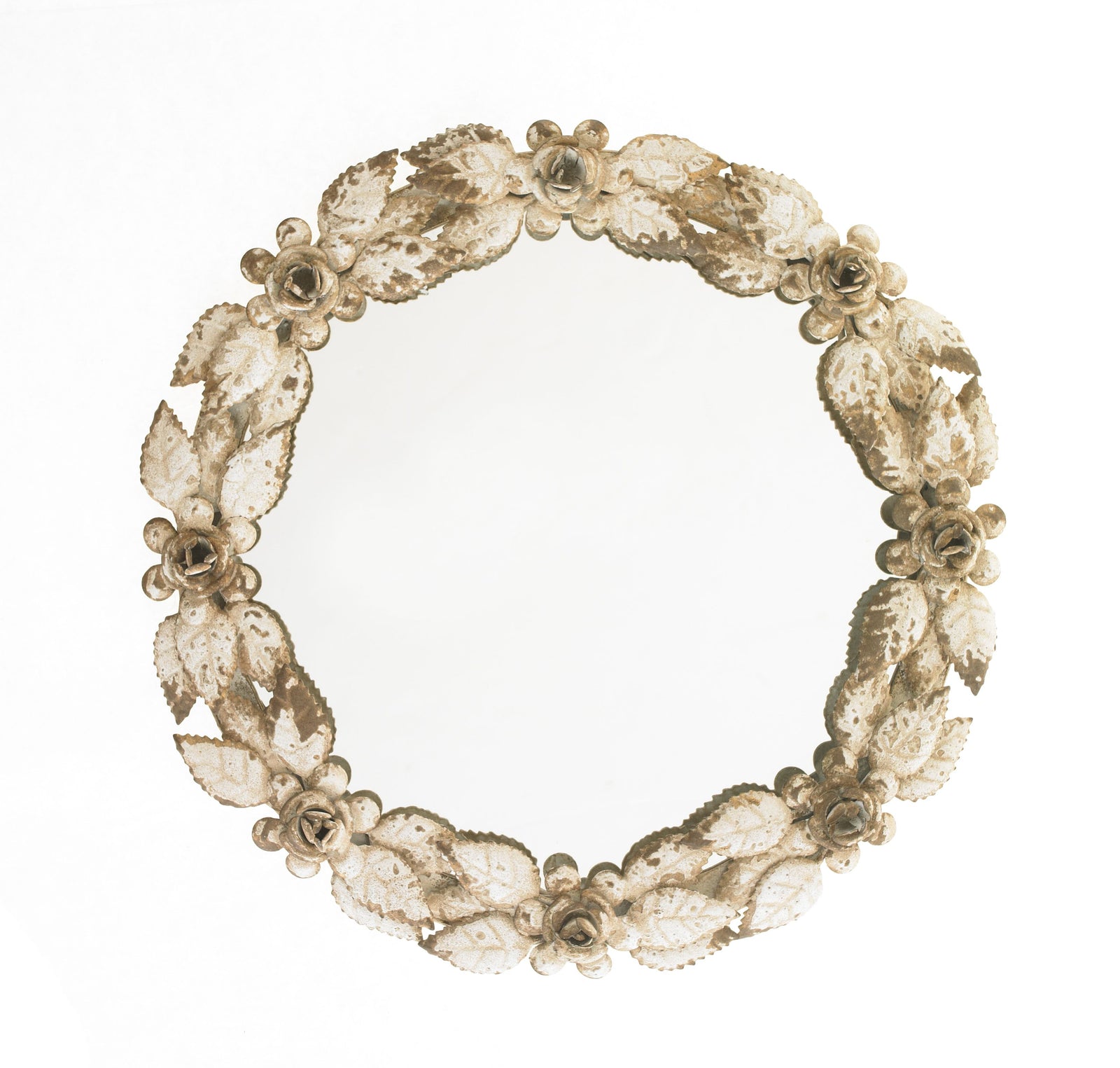 Antique White and Gold Metal Round Mirror