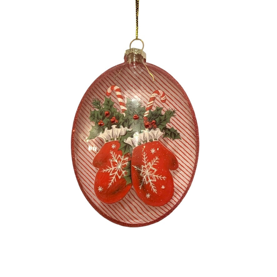 Peppermint Hollydays Mittens Oval Glass Ornaments