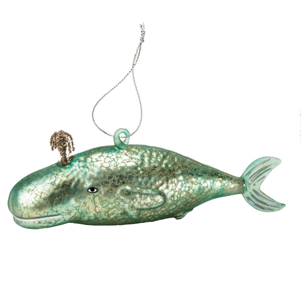 Aqua Vintage Style Whale Glass Ornament  | Putti Christmas Decorations 