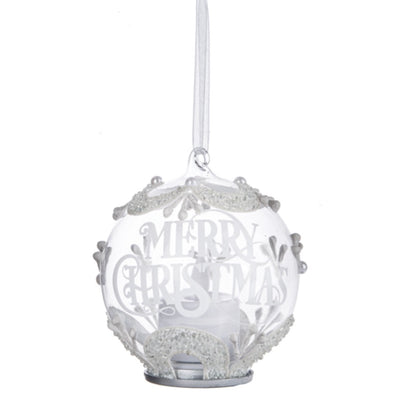 Silver "Merry Christmas" Glass Ball Ornament with LED Candle | Putti Christmas