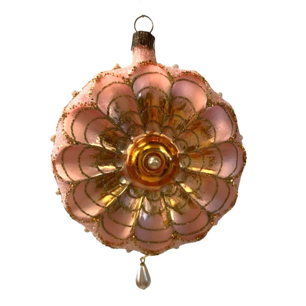 Blush Pink Glass Disc Ornament with Pearl