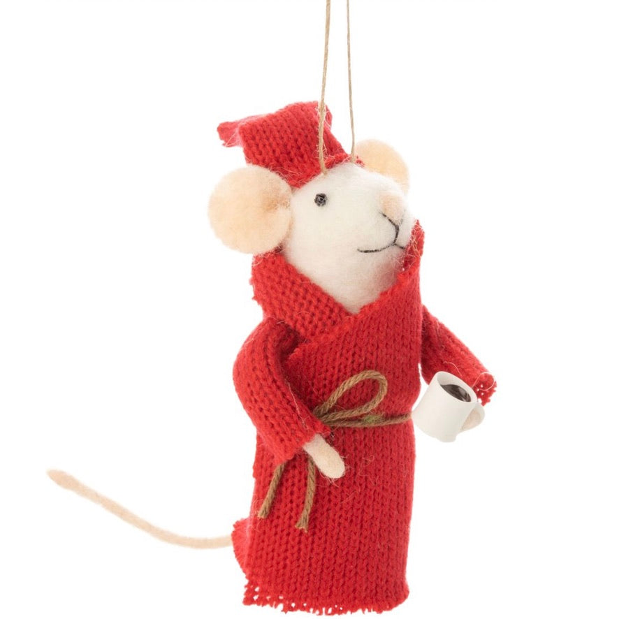 Felt Mouse in Red Housecoat and Night Cap Ornament