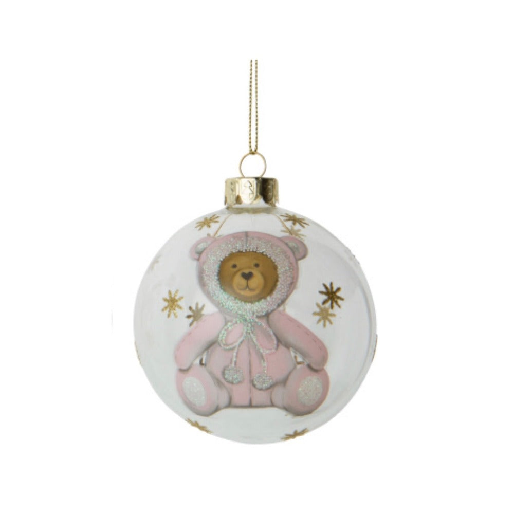 "Baby's First Christmas" Teddy Bear Glass Ball Ornament Pink | Putti Christmas 