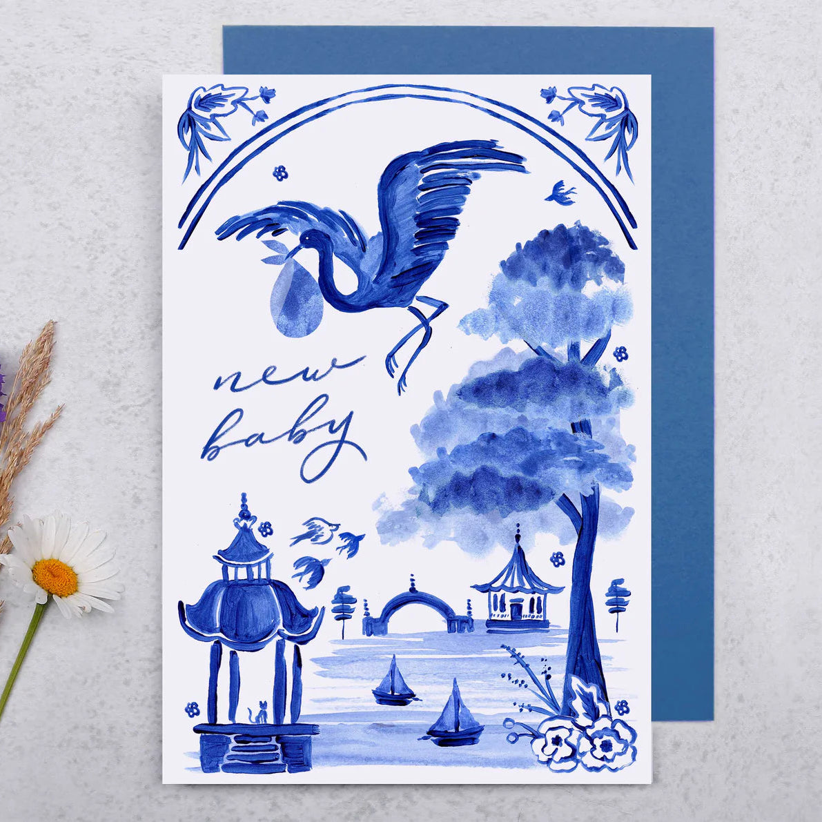 "New Baby" Blue Hand Painted Stork Greeting Card
