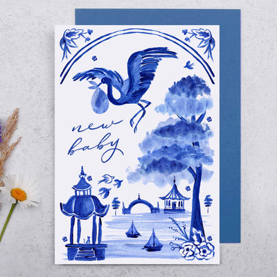 "New Baby" Blue Hand Painted Stork Greeting Card