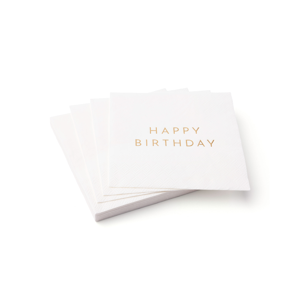 Bonjour Fête white & Gold "Hapy Birthday" Paper Cocktail Napkins | Putti