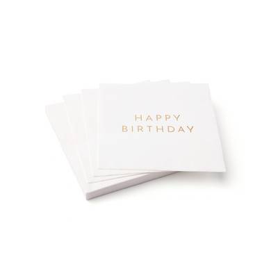 Bonjour Fête white & Gold "Hapy Birthday" Paper Cocktail Napkins | Putti