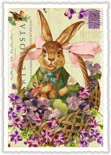Bunny with Basket of Flowers Postcard | Easter Greeting Cards 
