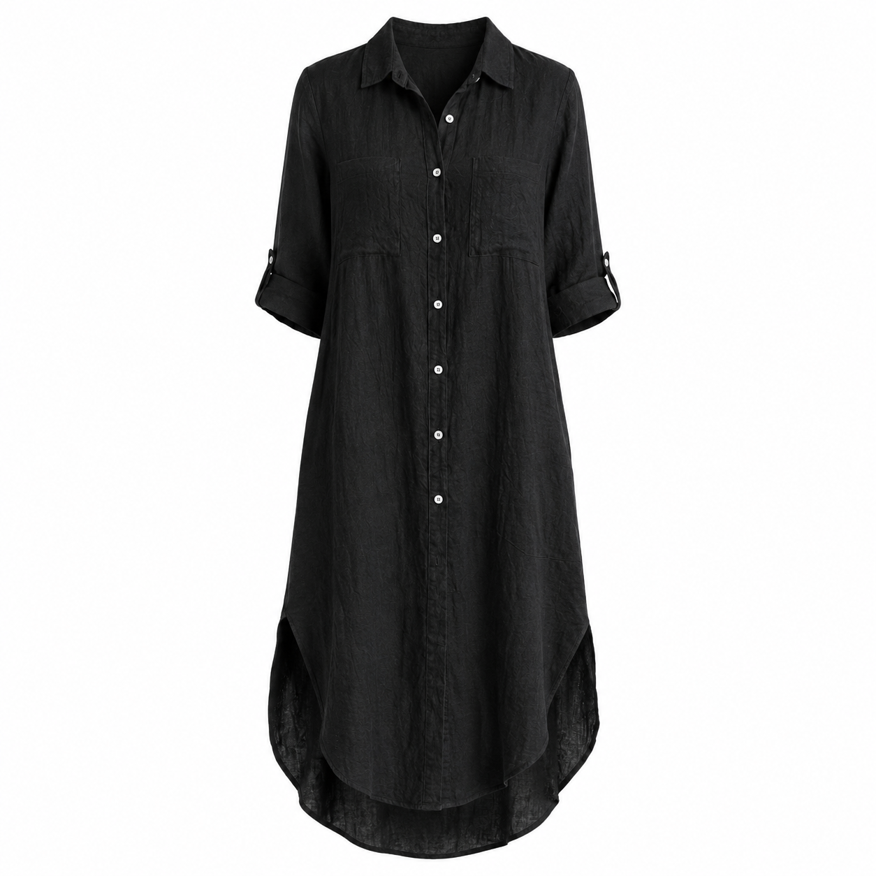 Button Front Long Linen Shirt Dress - Black | Putti Fine Fashions 