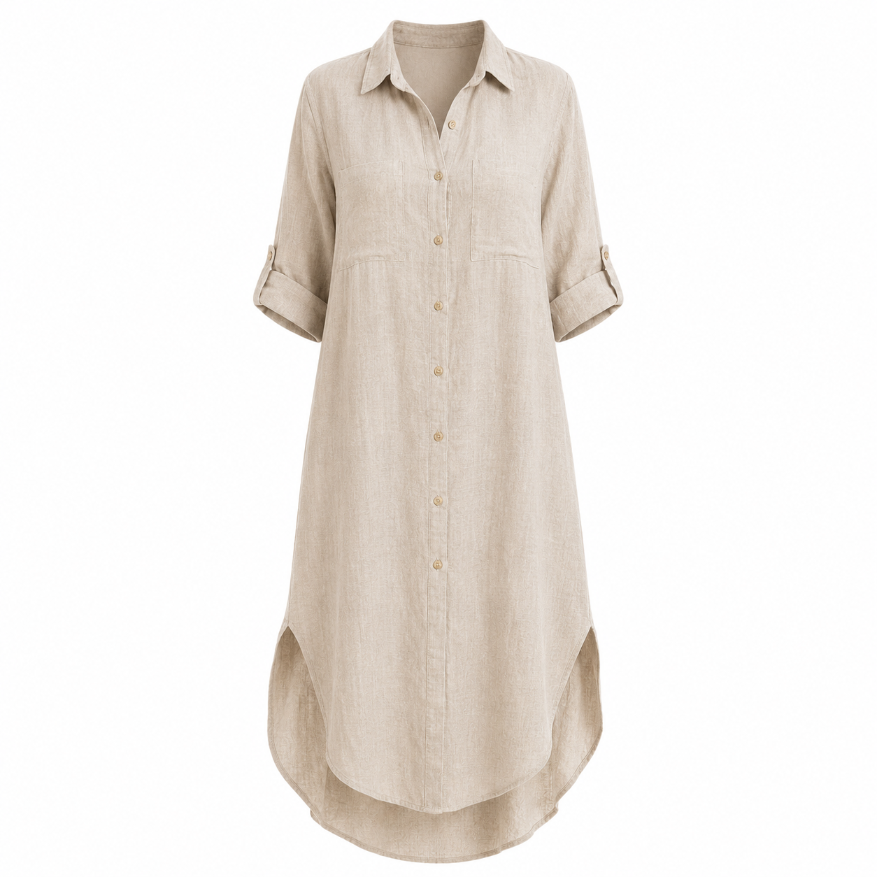 Button Front Long Linen Shirt Dress - Natural | Putti Fine Fashions 