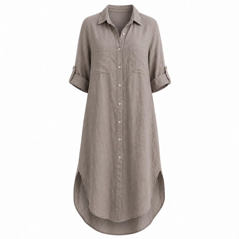 Button Front Long Linen Shirt Dress - Taupe | Putti Fine Fashions 
