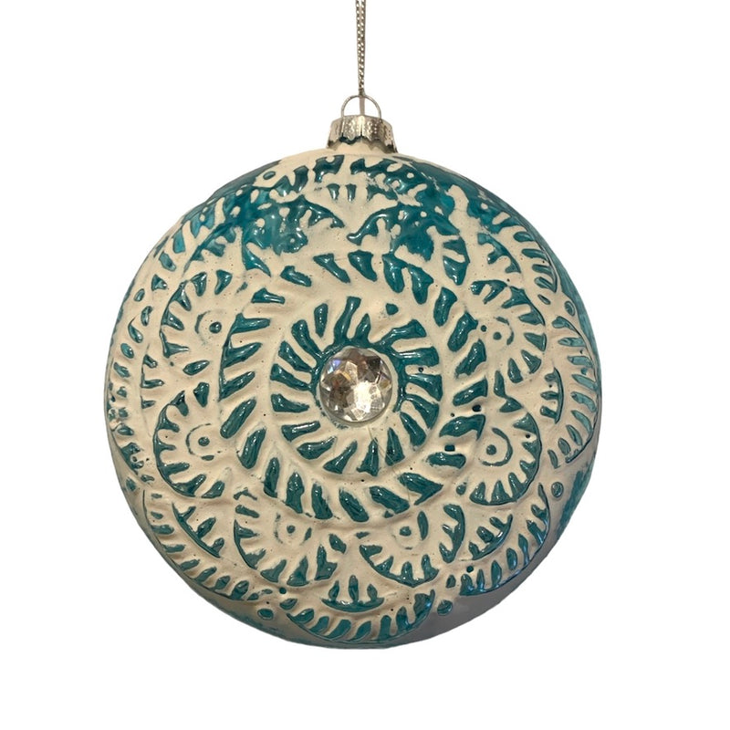 Turquoise and White Glass Disc Ornament