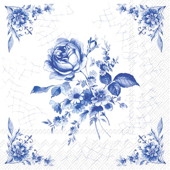 Rose on Blue Tile Paper Cocktail Napkins