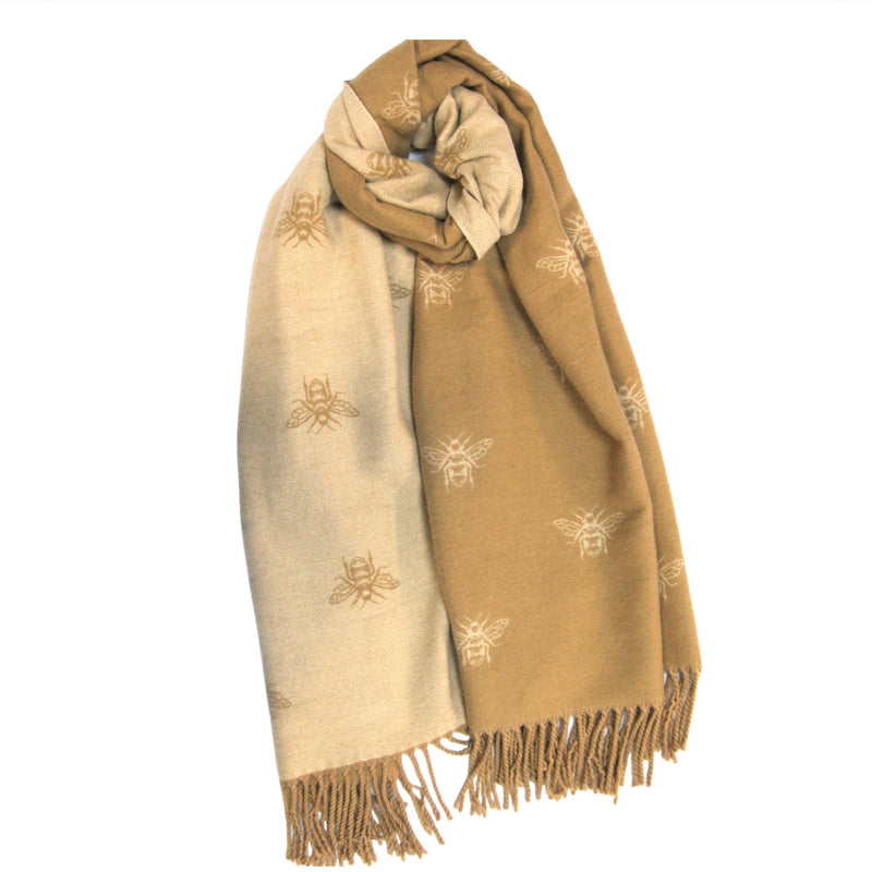 Cashmere Blend Bee Pattern Scarf - Tan
