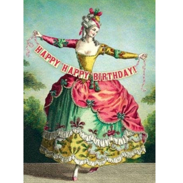 "Happy Happy Birthday!" Lady With Banner Greeting Card | Putti Fine Furnishings 