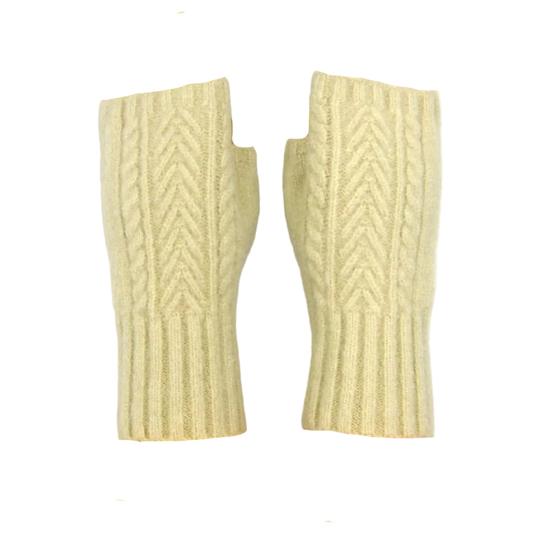 Cashmere Blend Cable Knitted Fingerless Gloves - Beige